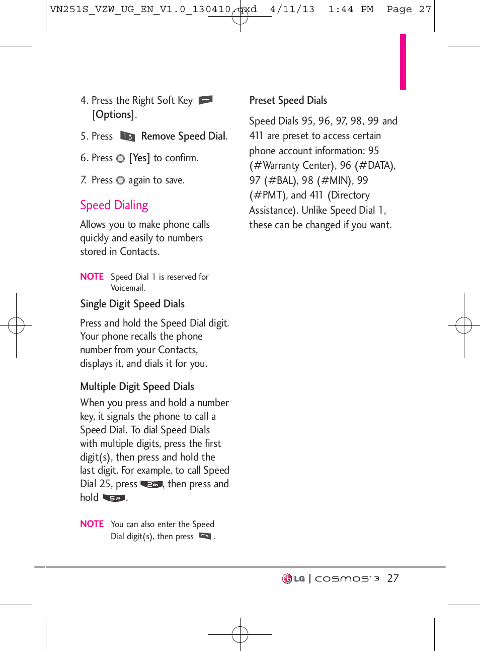 Speed dialing | LG VN251S User Manual | Page 29 / 314