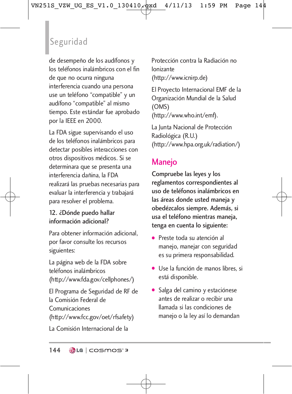 Seguridad, Manejo | LG VN251S User Manual | Page 290 / 314