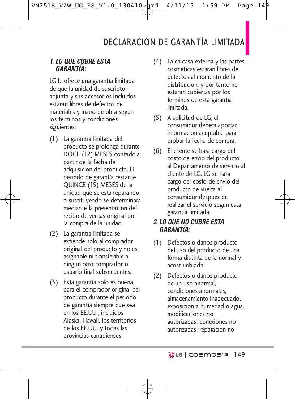 Declaración de garantía limitada | LG VN251S User Manual | Page 295 / 314