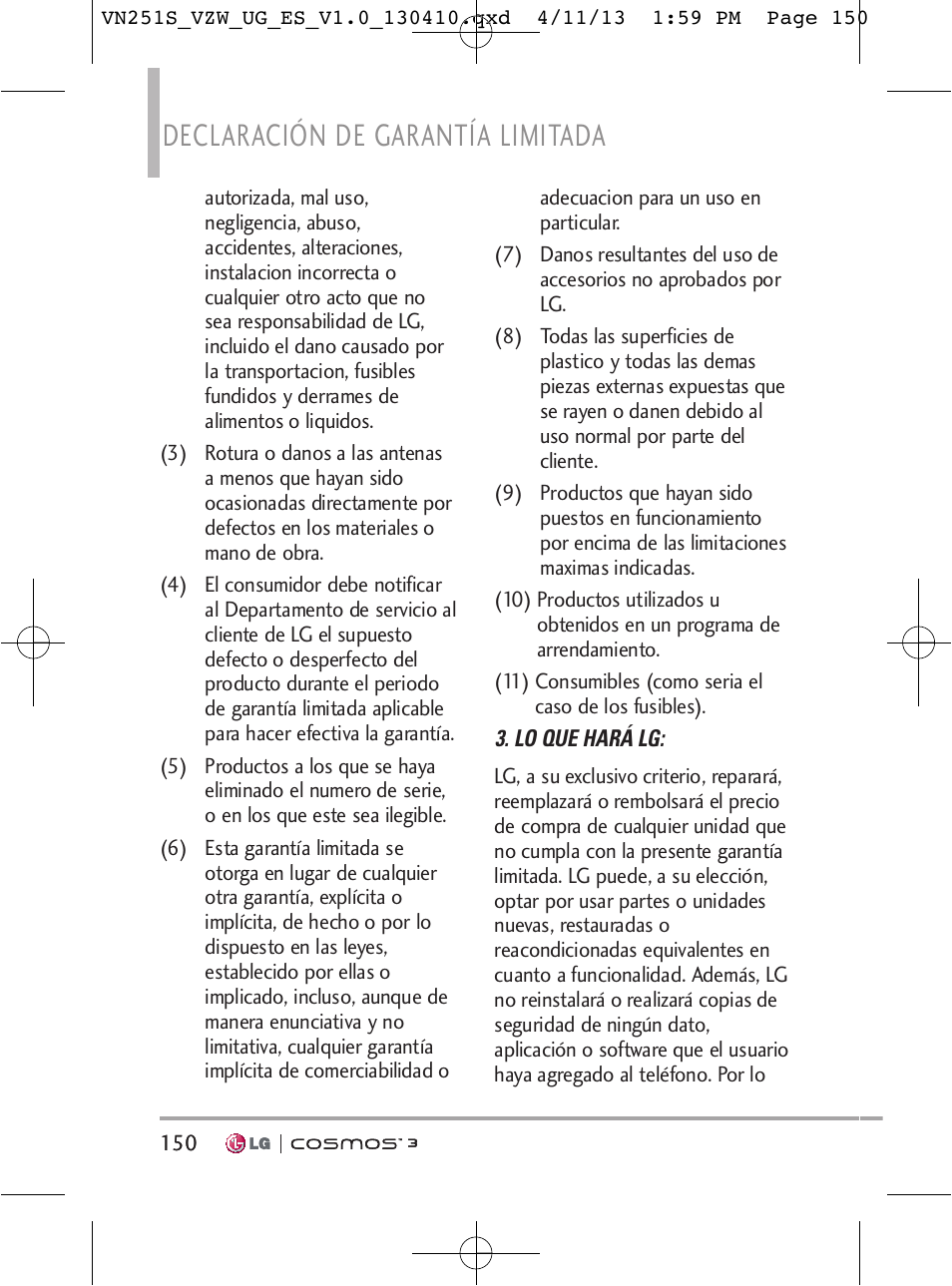 Declaración de garantía limitada | LG VN251S User Manual | Page 296 / 314