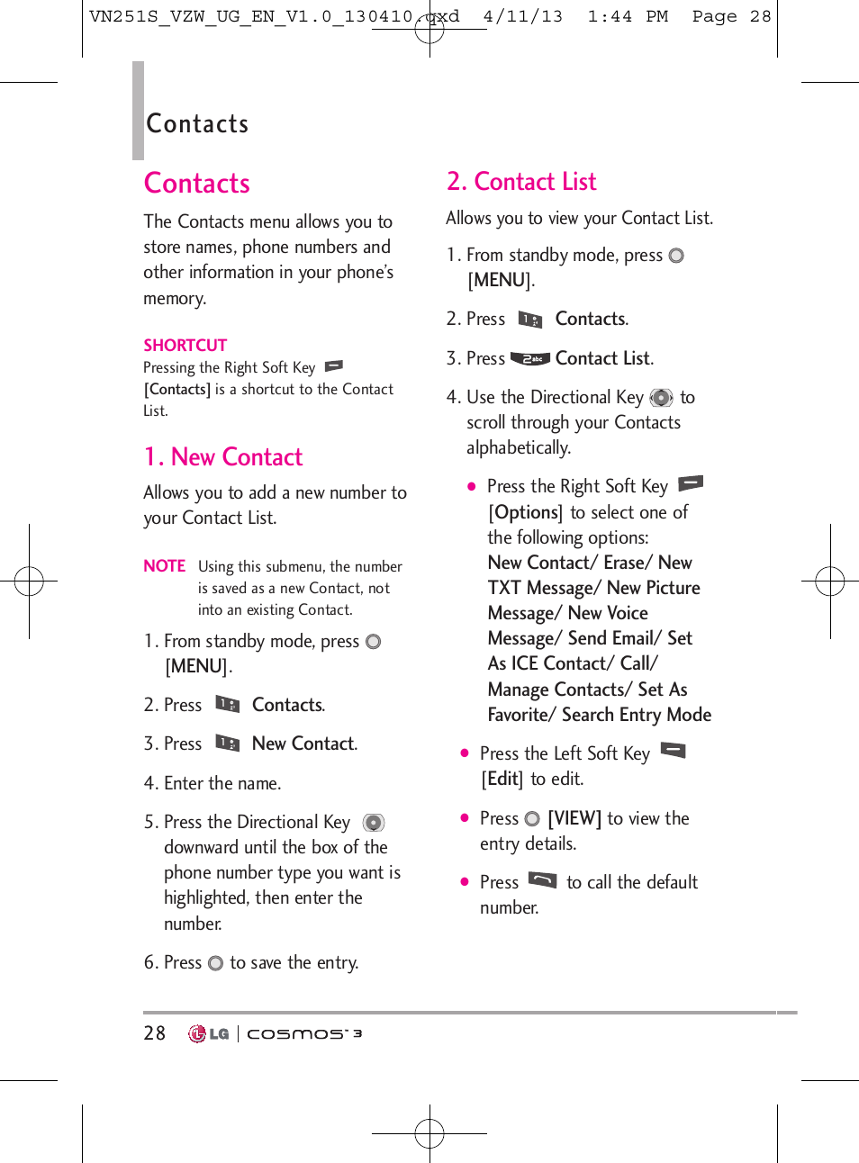 Contacts, New contact, Contact list | LG VN251S User Manual | Page 30 / 314