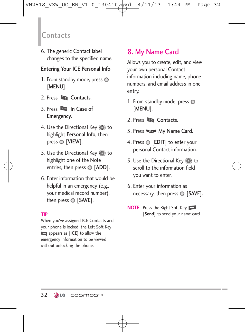 Contacts, My name card | LG VN251S User Manual | Page 34 / 314