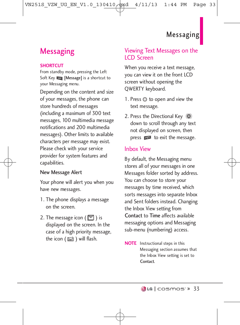 Messaging, Viewing text messages on the lcd screen, Inbox view | LG VN251S User Manual | Page 35 / 314