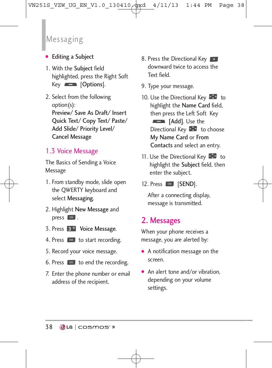 Messaging, Messages, 3 voice message | LG VN251S User Manual | Page 40 / 314