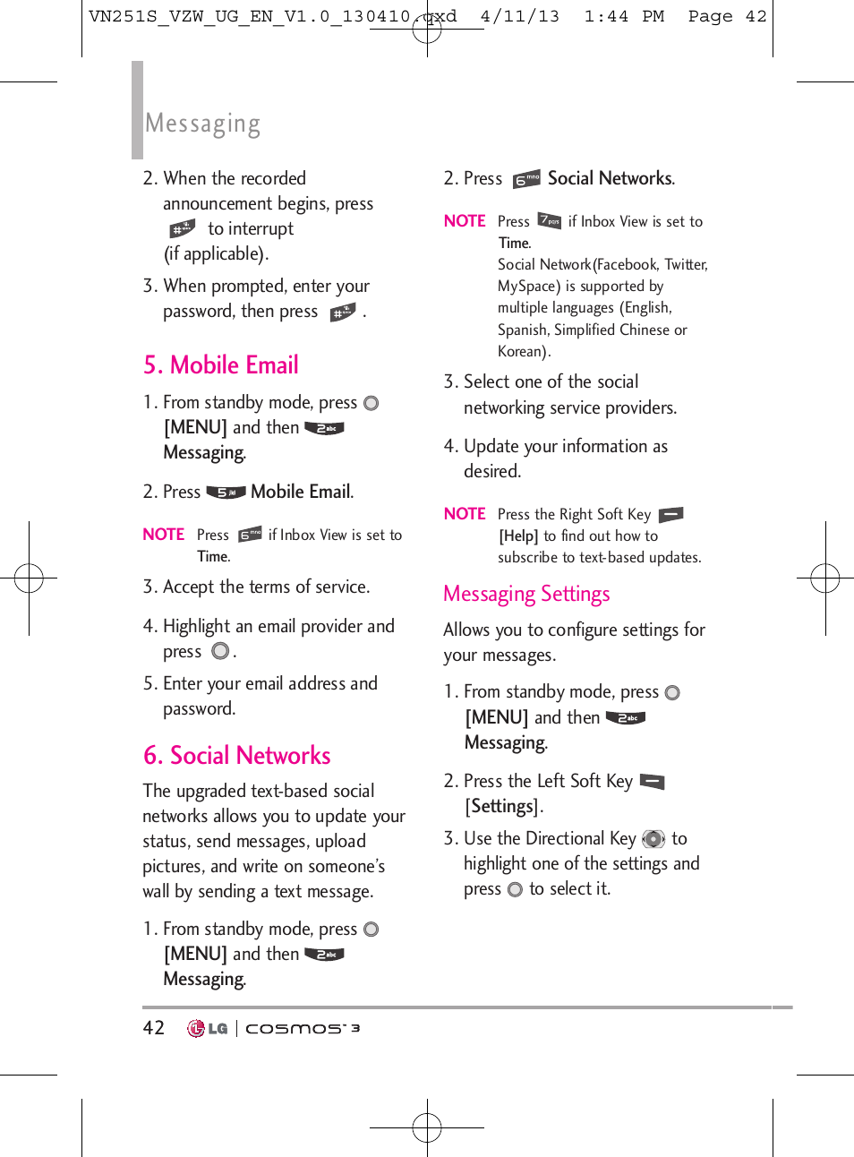 Messaging, Mobile email, Social networks | Messaging settings | LG VN251S User Manual | Page 44 / 314