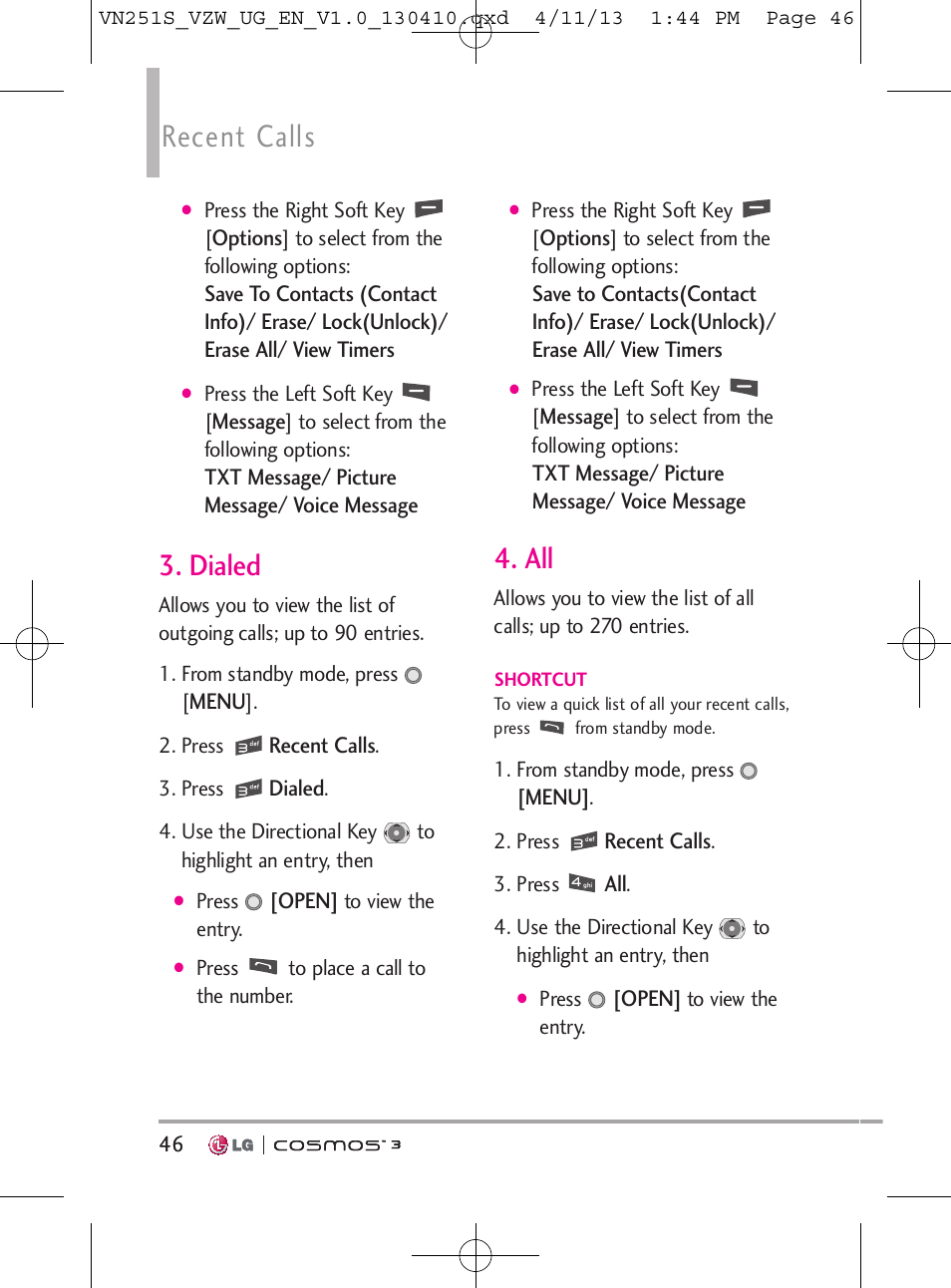 Recent calls, Dialed | LG VN251S User Manual | Page 48 / 314