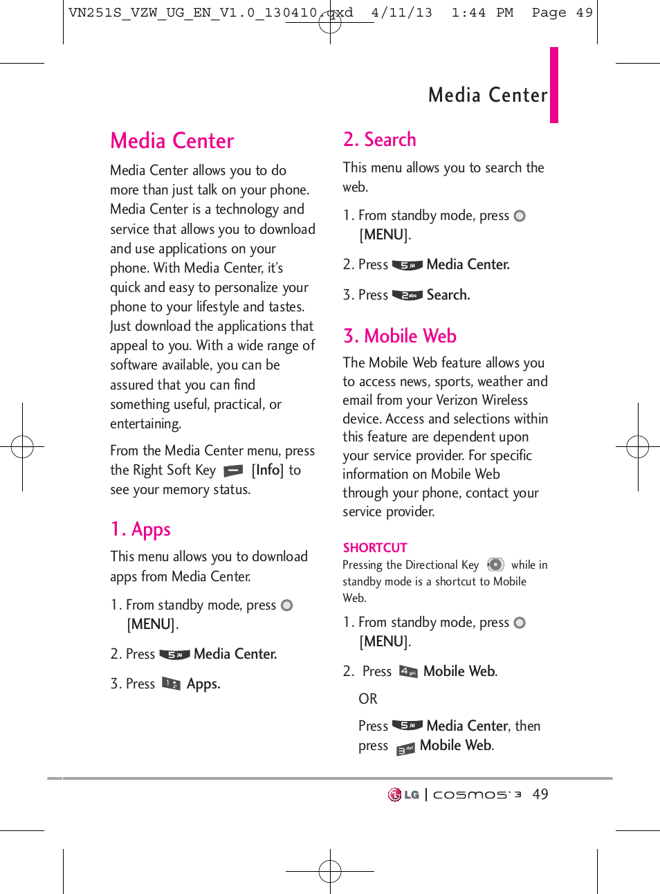 Media center, Apps, Search | Mobile web | LG VN251S User Manual | Page 51 / 314