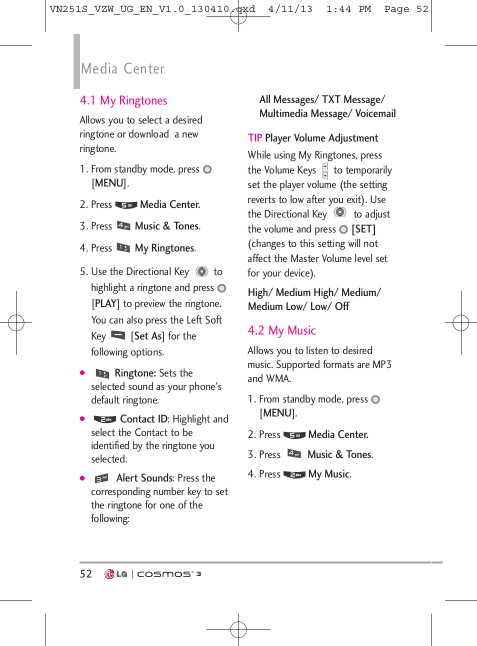 Media center, 1 my ringtones, 2 my music | LG VN251S User Manual | Page 54 / 314