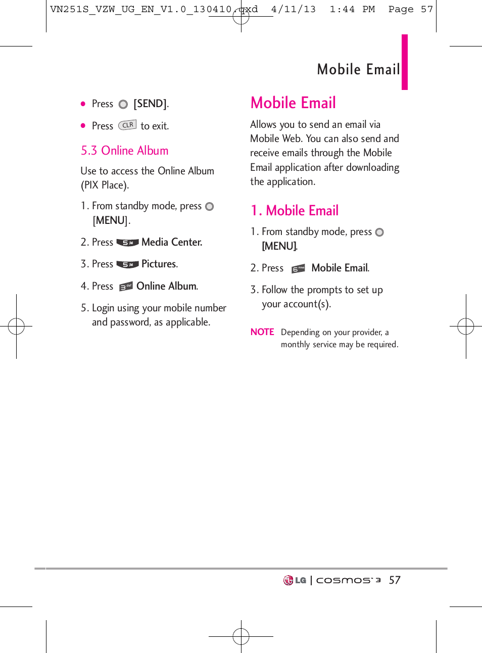 Mobile email, 3 online album | LG VN251S User Manual | Page 59 / 314