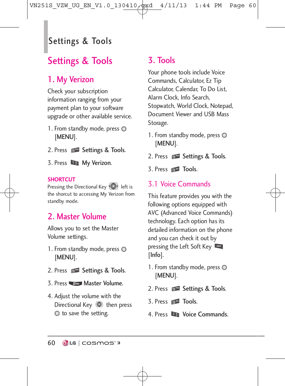 Settings & tools, My verizon, Master volume | Tools | LG VN251S User Manual | Page 62 / 314