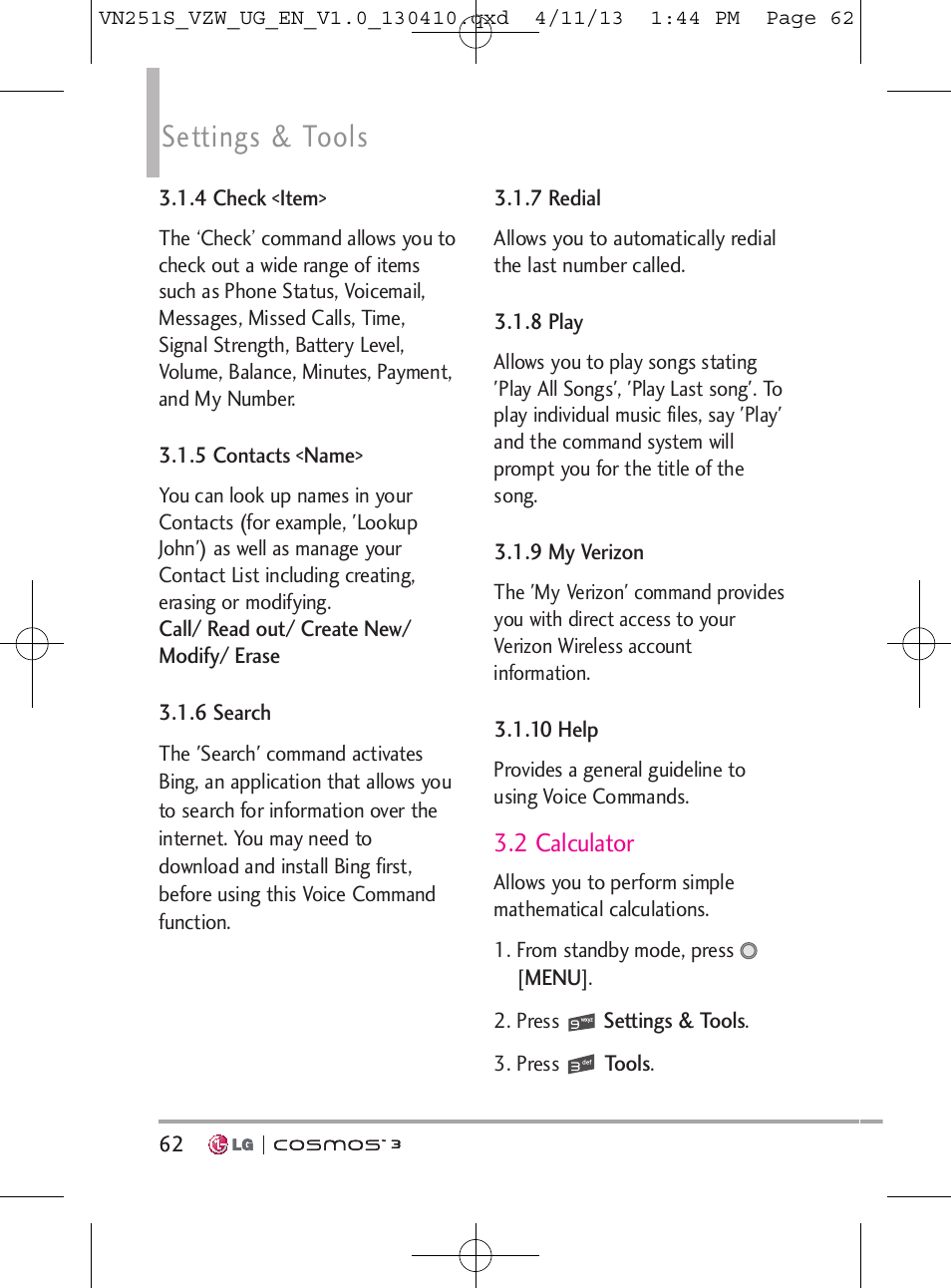 Settings & tools | LG VN251S User Manual | Page 64 / 314