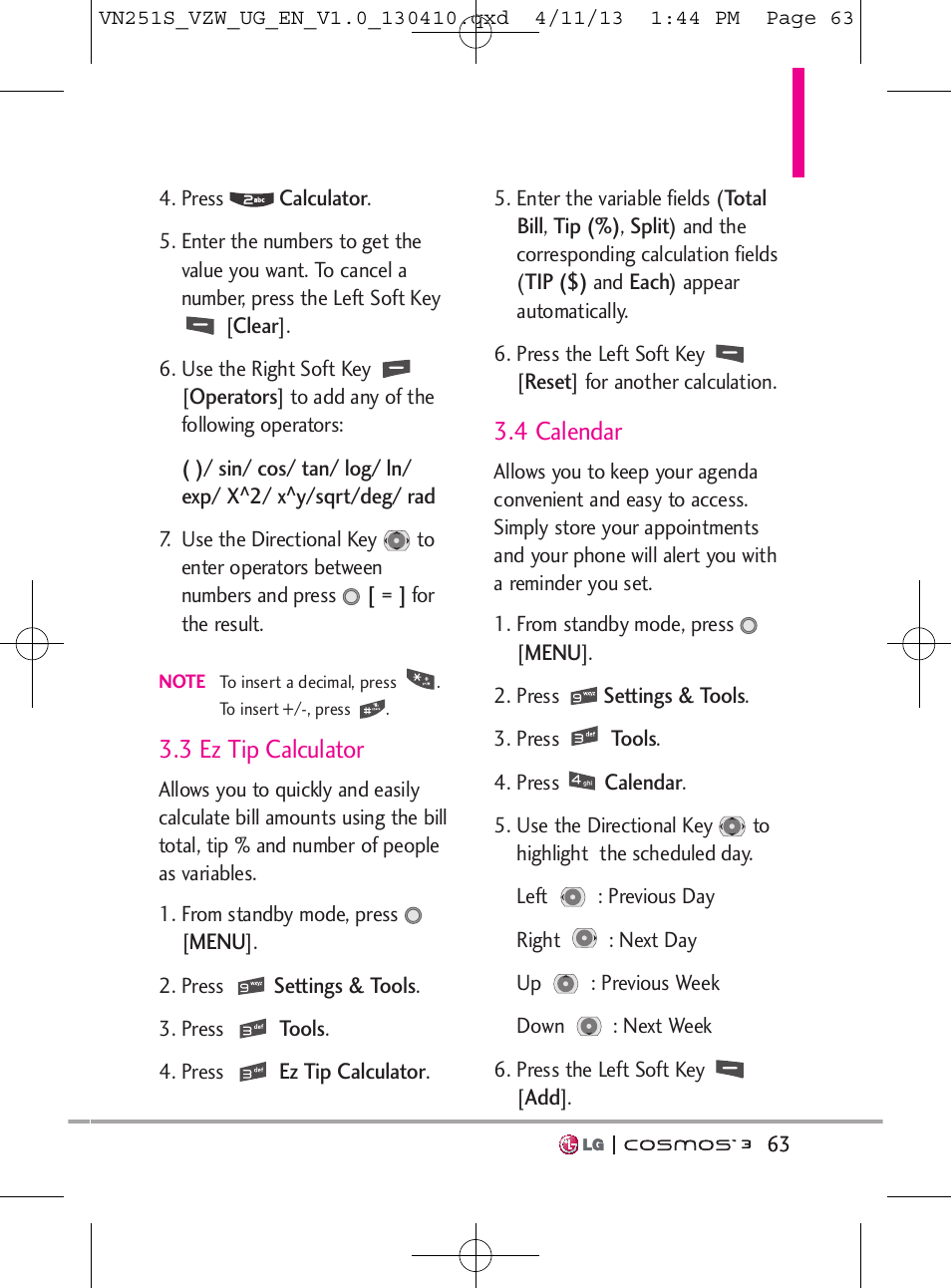 3 ez tip calculator, 4 calendar | LG VN251S User Manual | Page 65 / 314