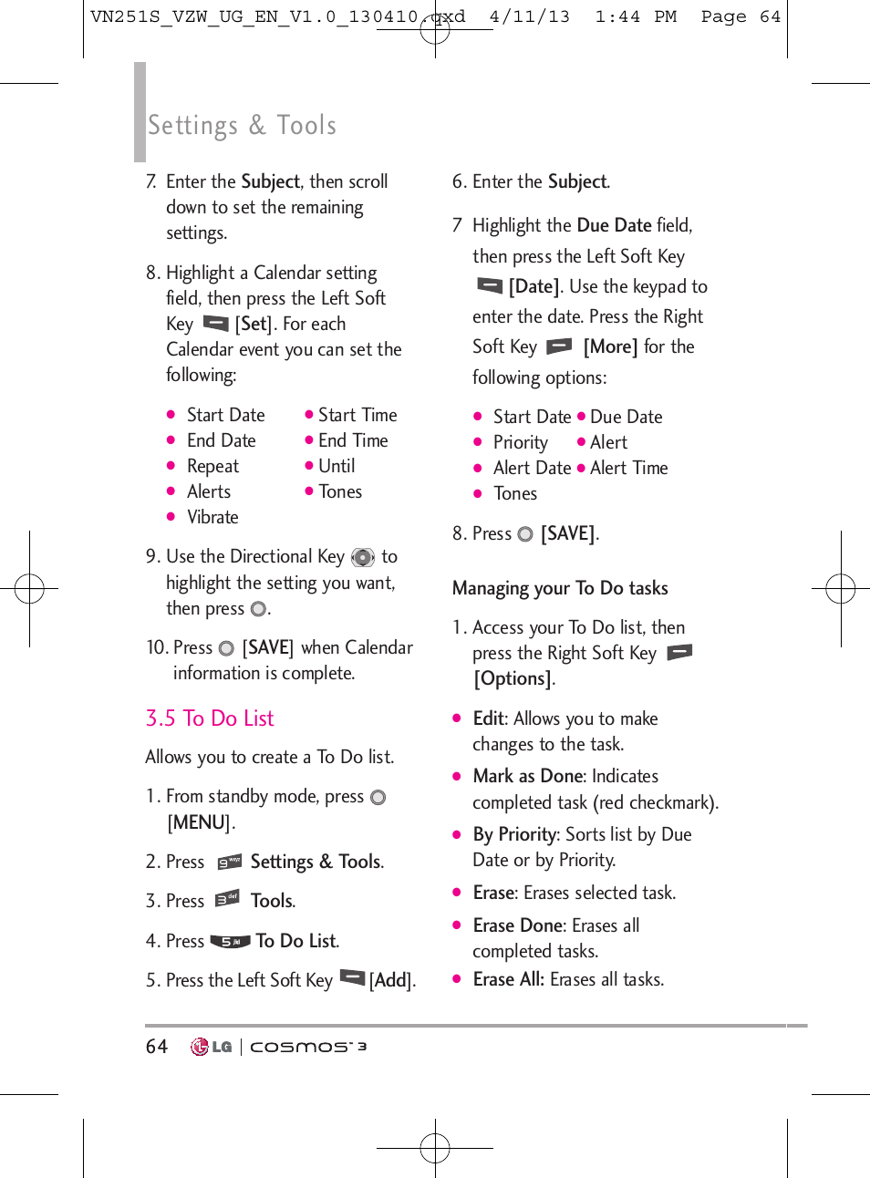 Settings & tools, 5 to do list | LG VN251S User Manual | Page 66 / 314