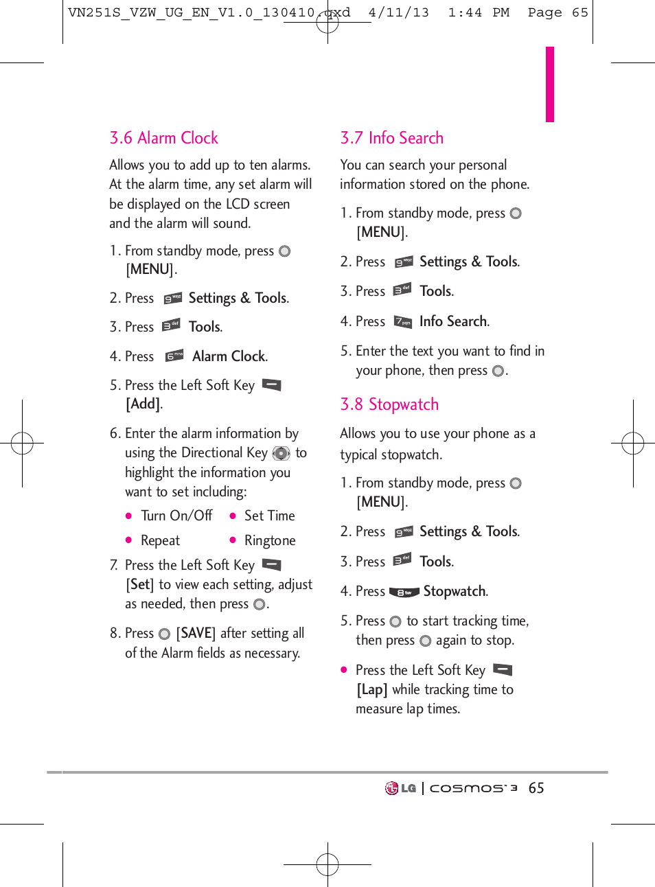 6 alarm clock, 7 info search, 8 stopwatch | LG VN251S User Manual | Page 67 / 314