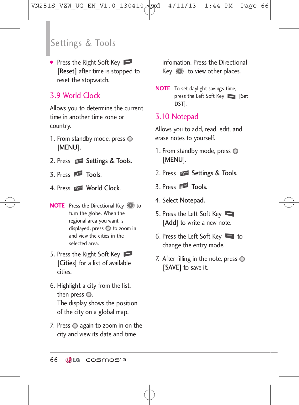 Settings & tools, 9 world clock | LG VN251S User Manual | Page 68 / 314