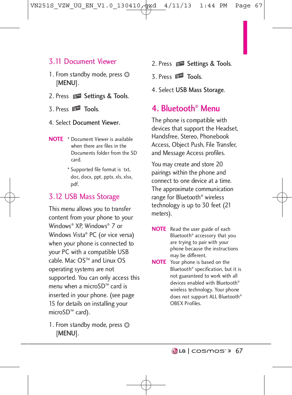 Bluetooth, Menu, 11 document viewer | 12 usb mass storage | LG VN251S User Manual | Page 69 / 314