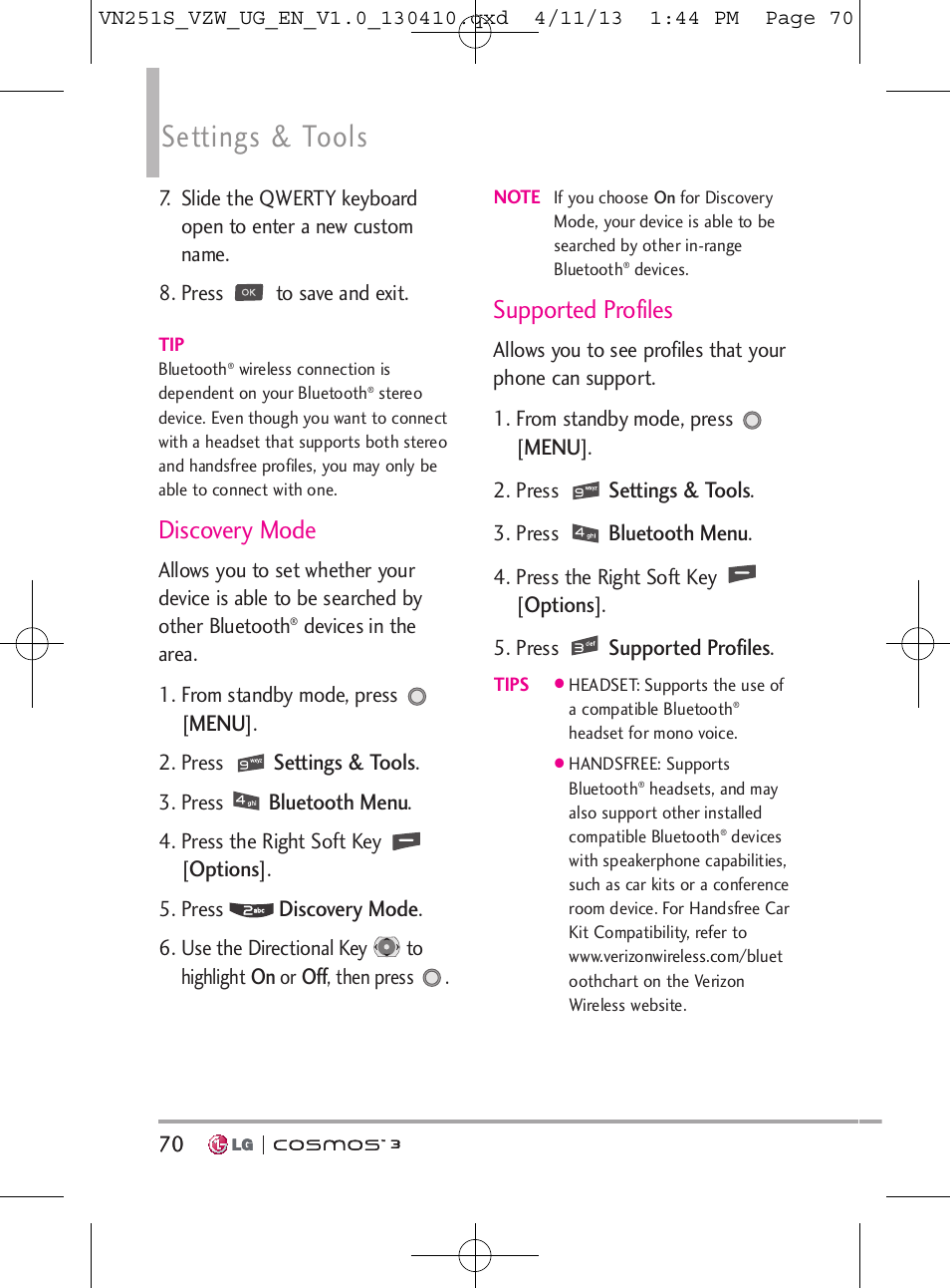 Settings & tools, Discovery mode, Supported profiles | LG VN251S User Manual | Page 72 / 314