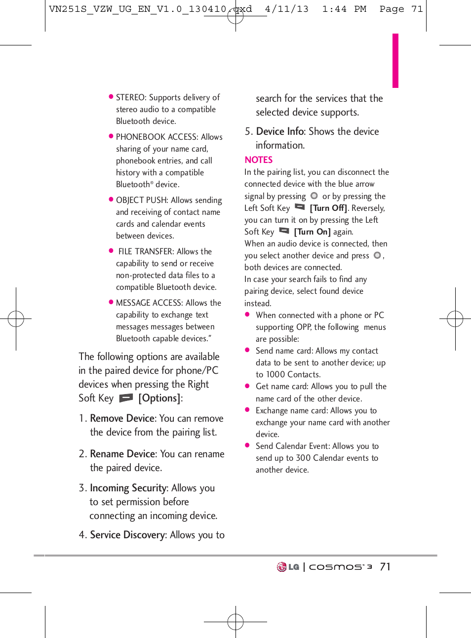 Options, Remove device, Rename device | Incoming security, Service discovery, Device info | LG VN251S User Manual | Page 73 / 314