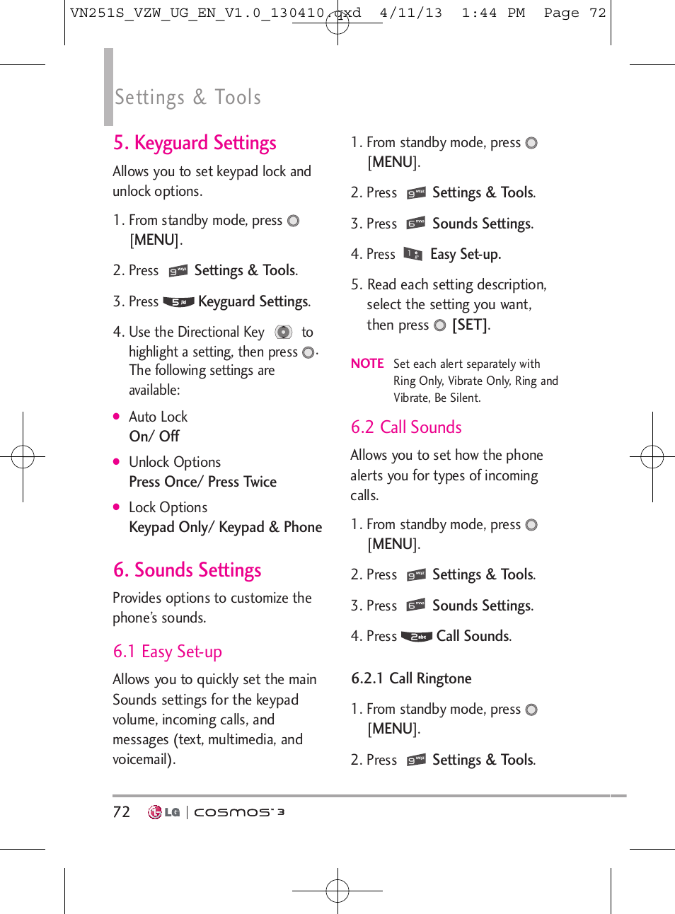 Settings & tools, Keyguard settings, Sounds settings | 1 easy set-up, 2 call sounds | LG VN251S User Manual | Page 74 / 314