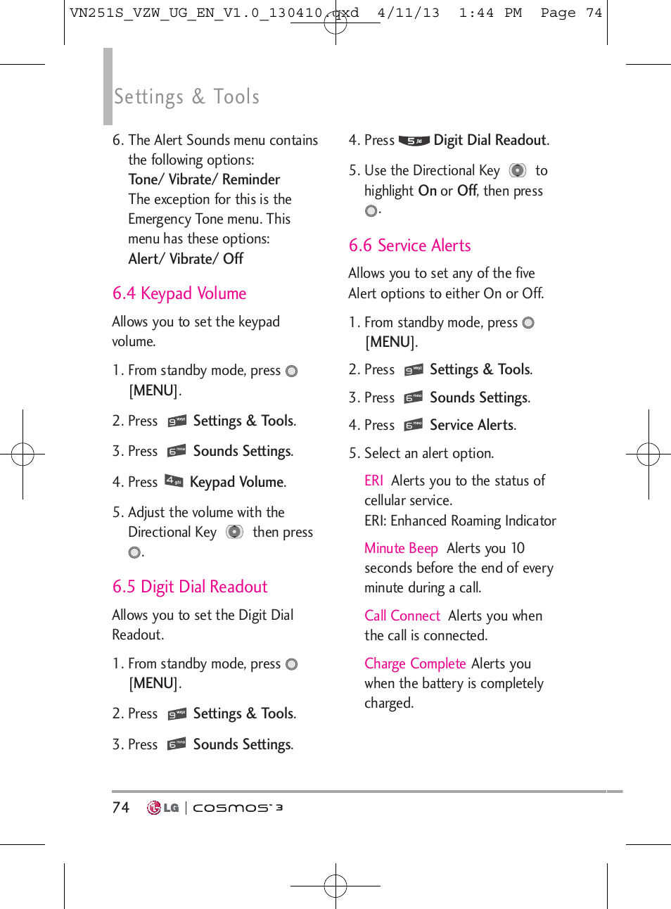 Settings & tools, 4 keypad volume, 5 digit dial readout | 6 service alerts | LG VN251S User Manual | Page 76 / 314