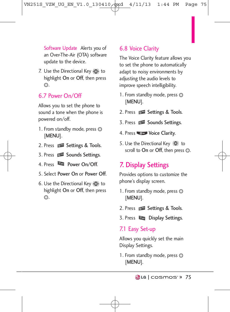 Display settings, 7 power on/off, 8 voice clarity | 1 easy set-up | LG VN251S User Manual | Page 77 / 314