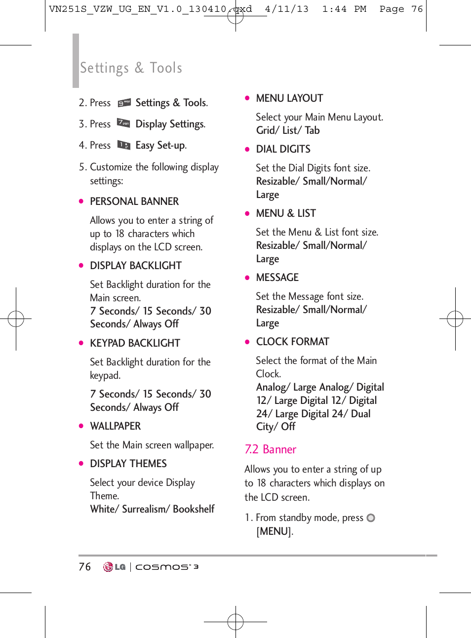 Settings & tools, 2 banner | LG VN251S User Manual | Page 78 / 314