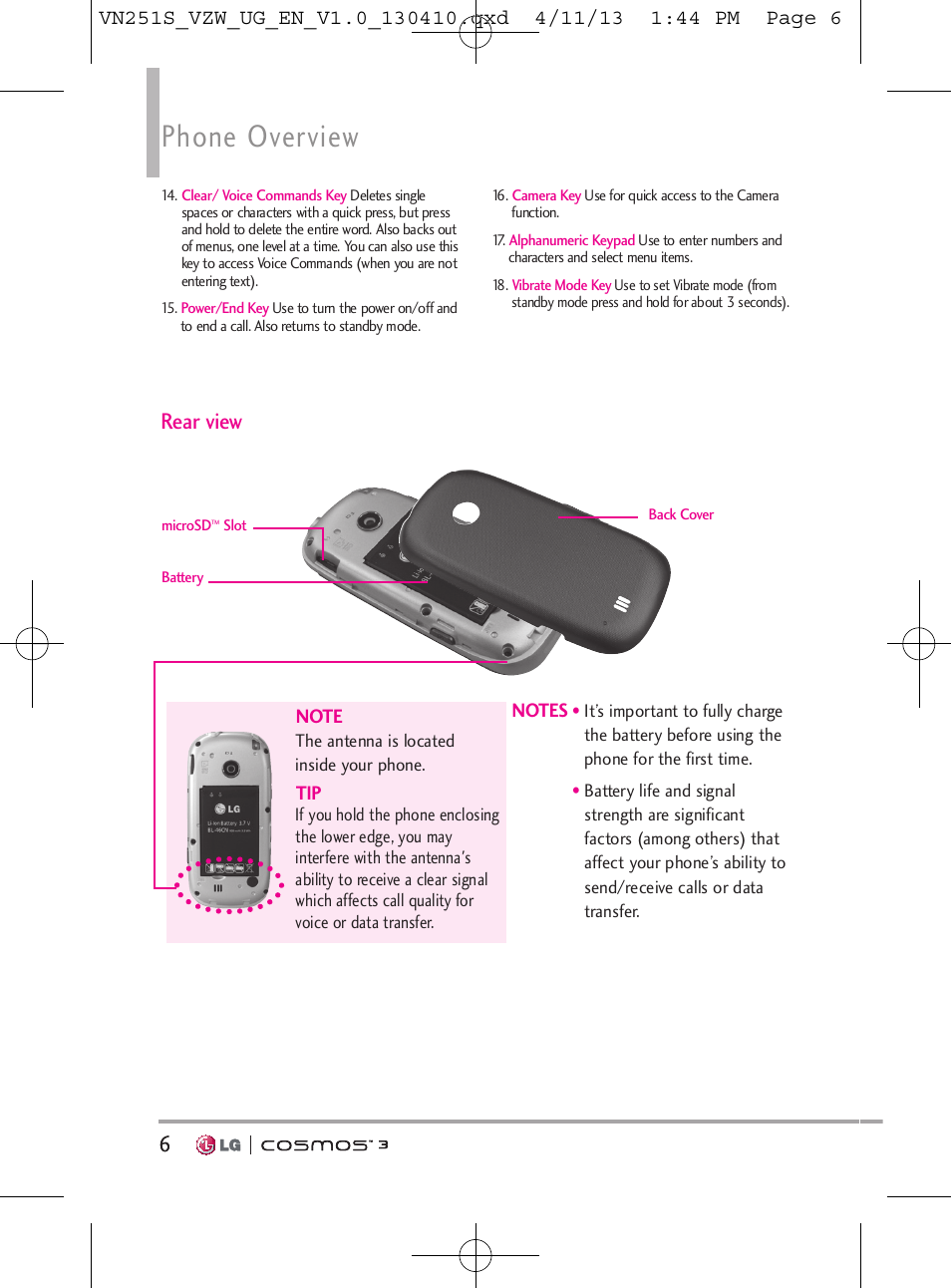 Phone overview, Rear view | LG VN251S User Manual | Page 8 / 314