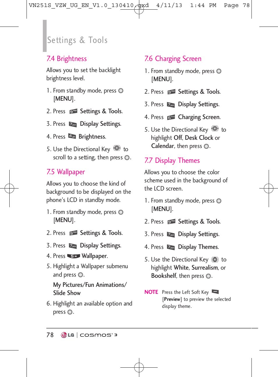 Settings & tools, 4 brightness, 5 wallpaper | 6 charging screen, 7 display themes | LG VN251S User Manual | Page 80 / 314