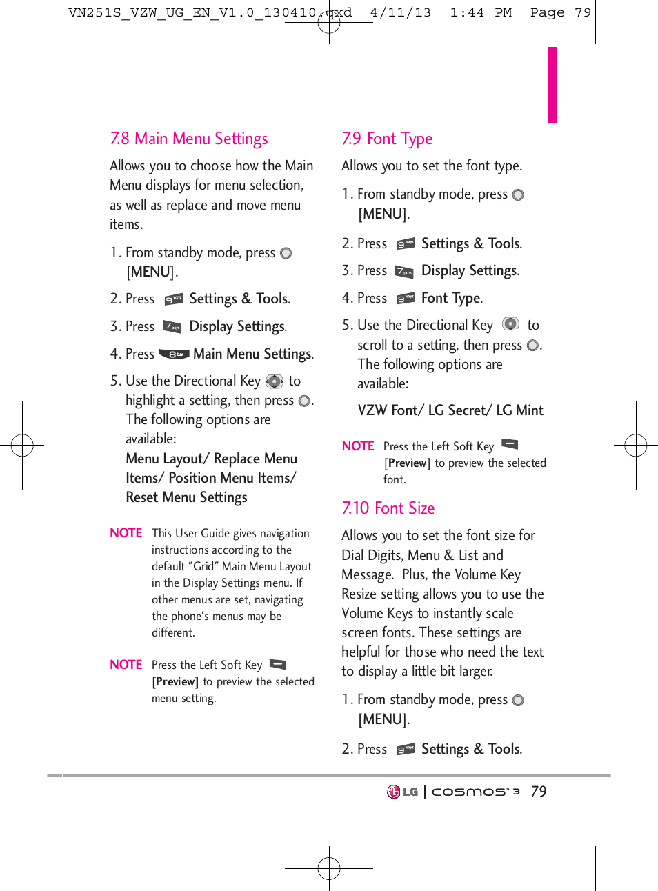 8 main menu settings, 9 font type, 10 font size | LG VN251S User Manual | Page 81 / 314