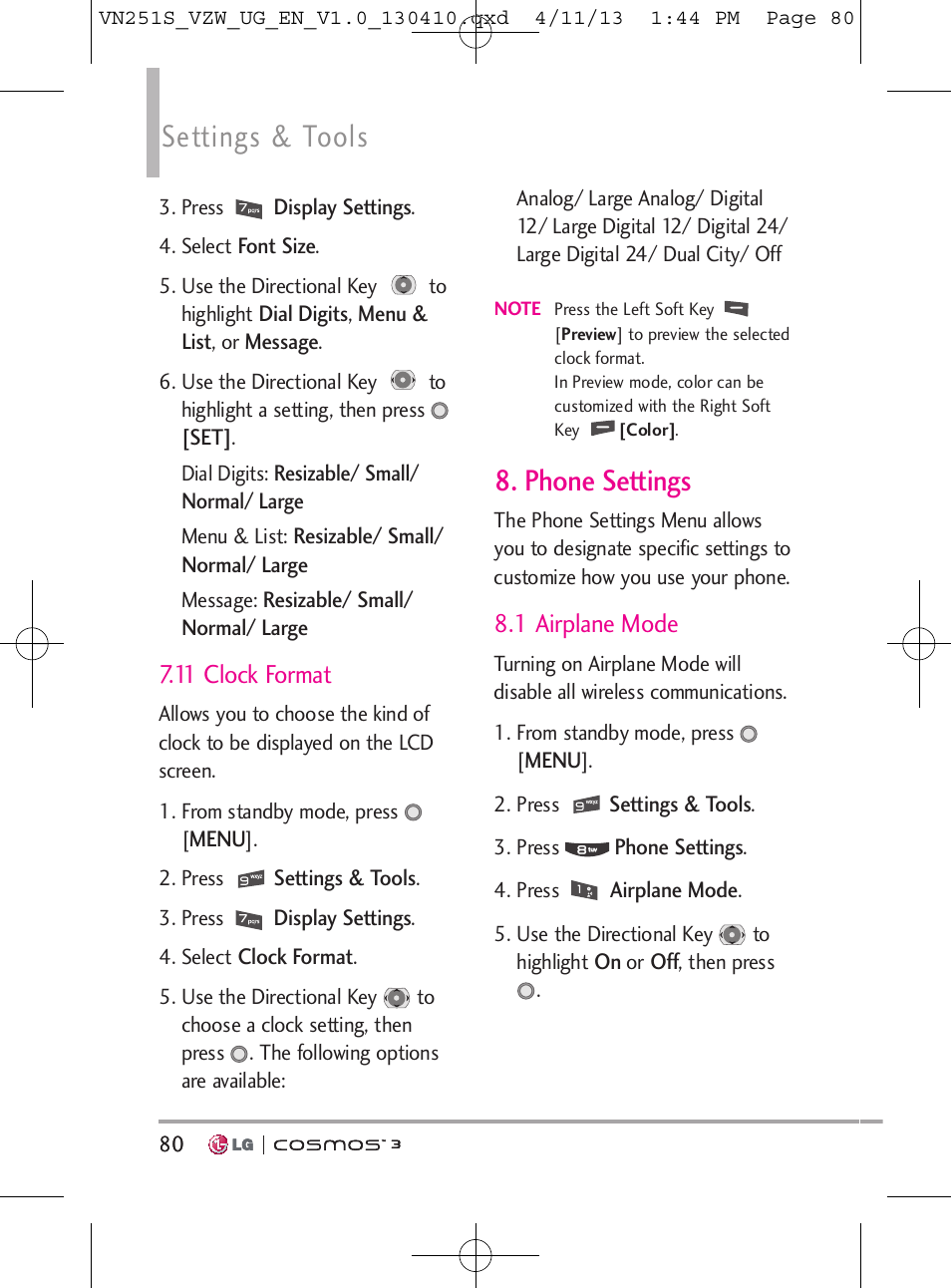 Settings & tools, Phone settings, 11 clock format | 1 airplane mode | LG VN251S User Manual | Page 82 / 314