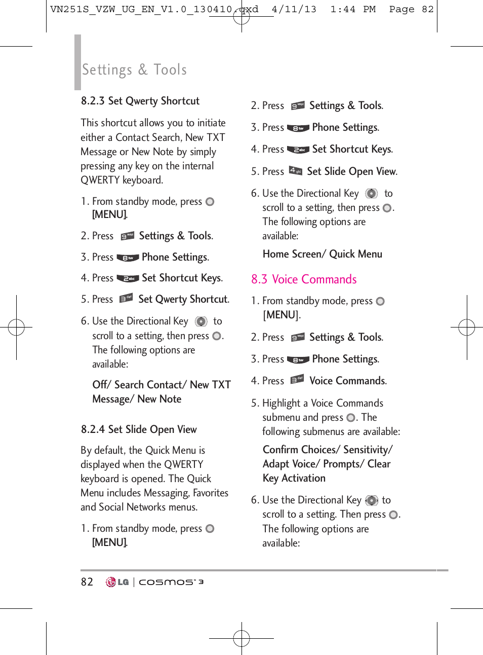 Settings & tools, 3 voice commands | LG VN251S User Manual | Page 84 / 314