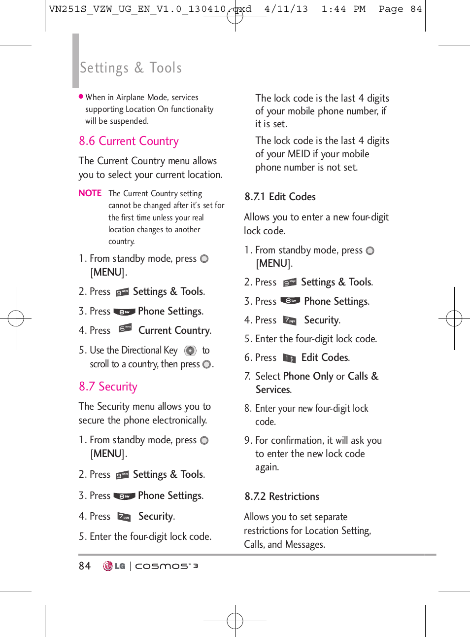 Settings & tools, 6 current country, 7 security | LG VN251S User Manual | Page 86 / 314