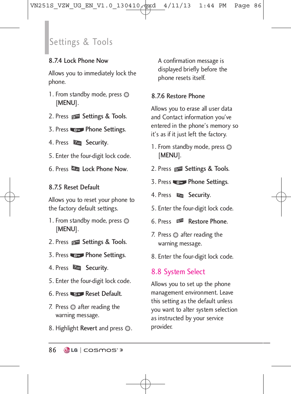 Settings & tools, 8 system select | LG VN251S User Manual | Page 88 / 314