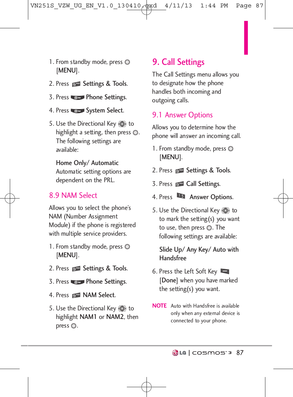 Call settings, 9 nam select, 1 answer options | LG VN251S User Manual | Page 89 / 314