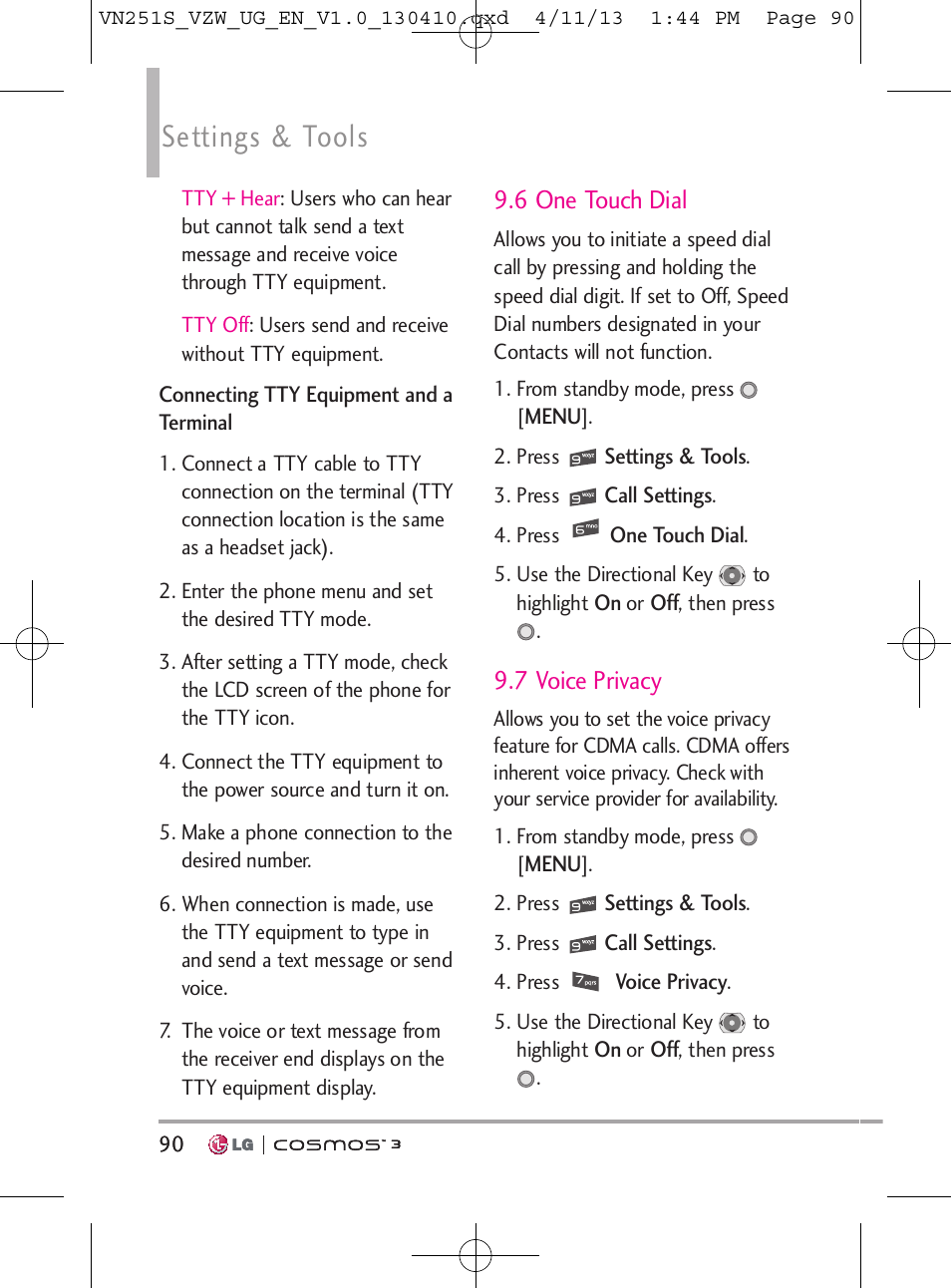 Settings & tools, 6 one touch dial, 7 voice privacy | LG VN251S User Manual | Page 92 / 314