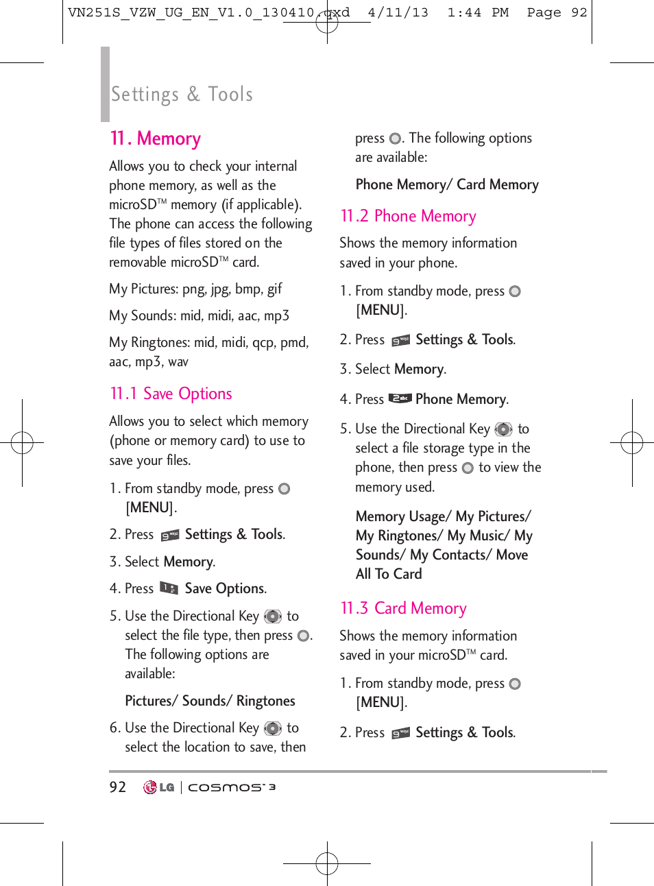 Settings & tools, 1 save options | LG VN251S User Manual | Page 94 / 314