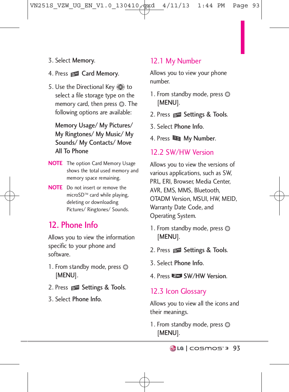 Phone info, 1 my number, 2 sw/hw version | 3 icon glossary | LG VN251S User Manual | Page 95 / 314