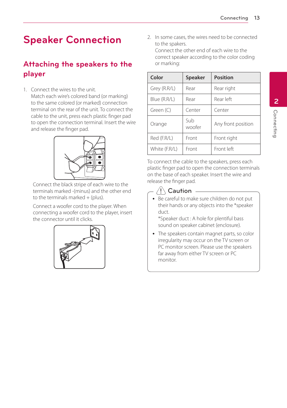 Speaker connection, Attaching the speakers to the player, 13 – attaching the speakers to the player | LG BH5140S User Manual | Page 13 / 72