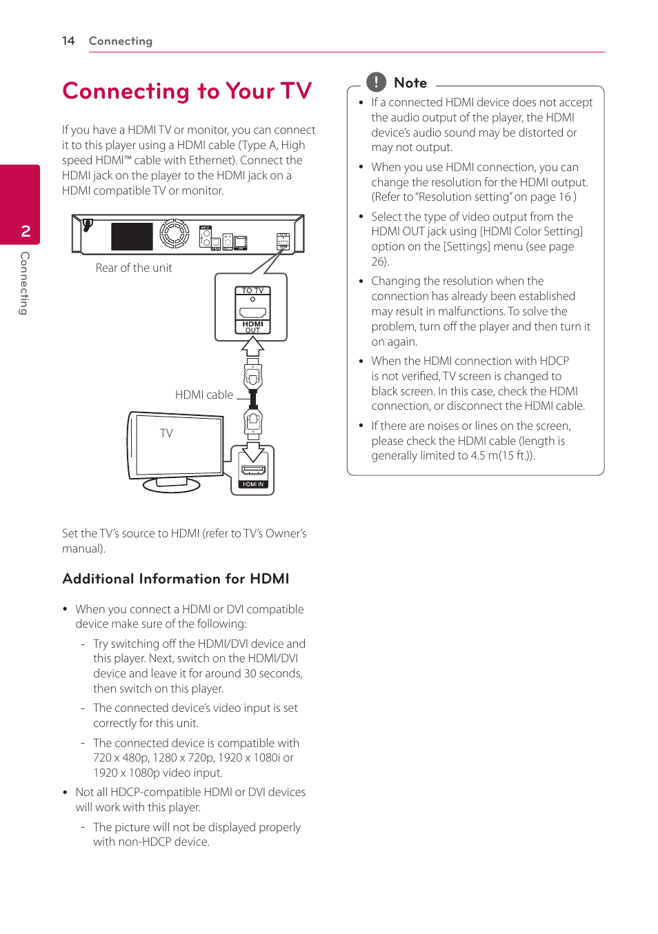 Connecting to your tv | LG BH5140S User Manual | Page 14 / 72