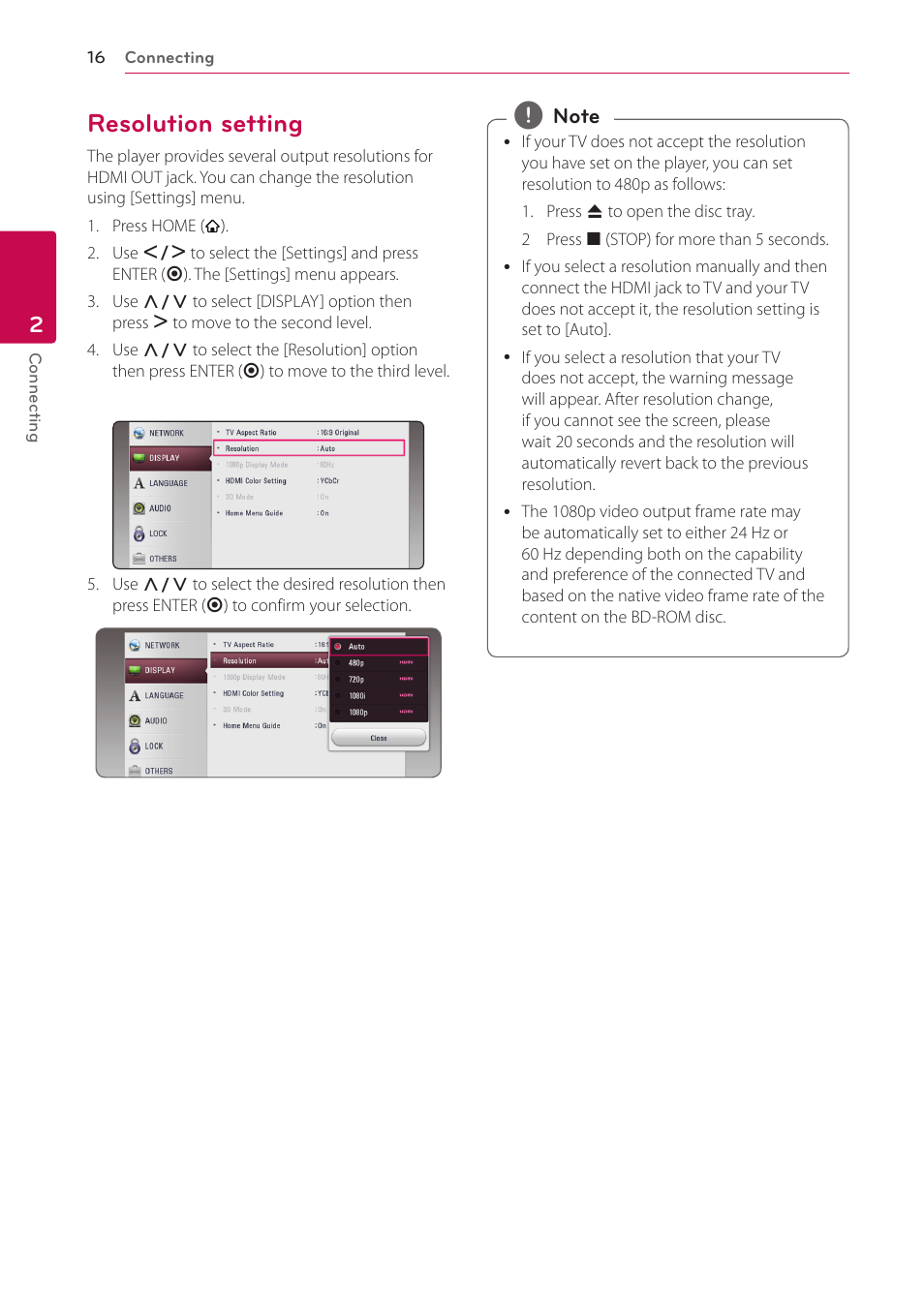 Resolution setting, 16 – resolution setting | LG BH5140S User Manual | Page 16 / 72