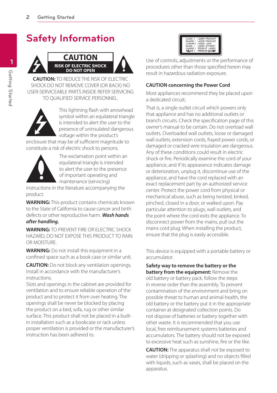 1 getting started, Safety information, Caution | LG BH5140S User Manual | Page 2 / 72