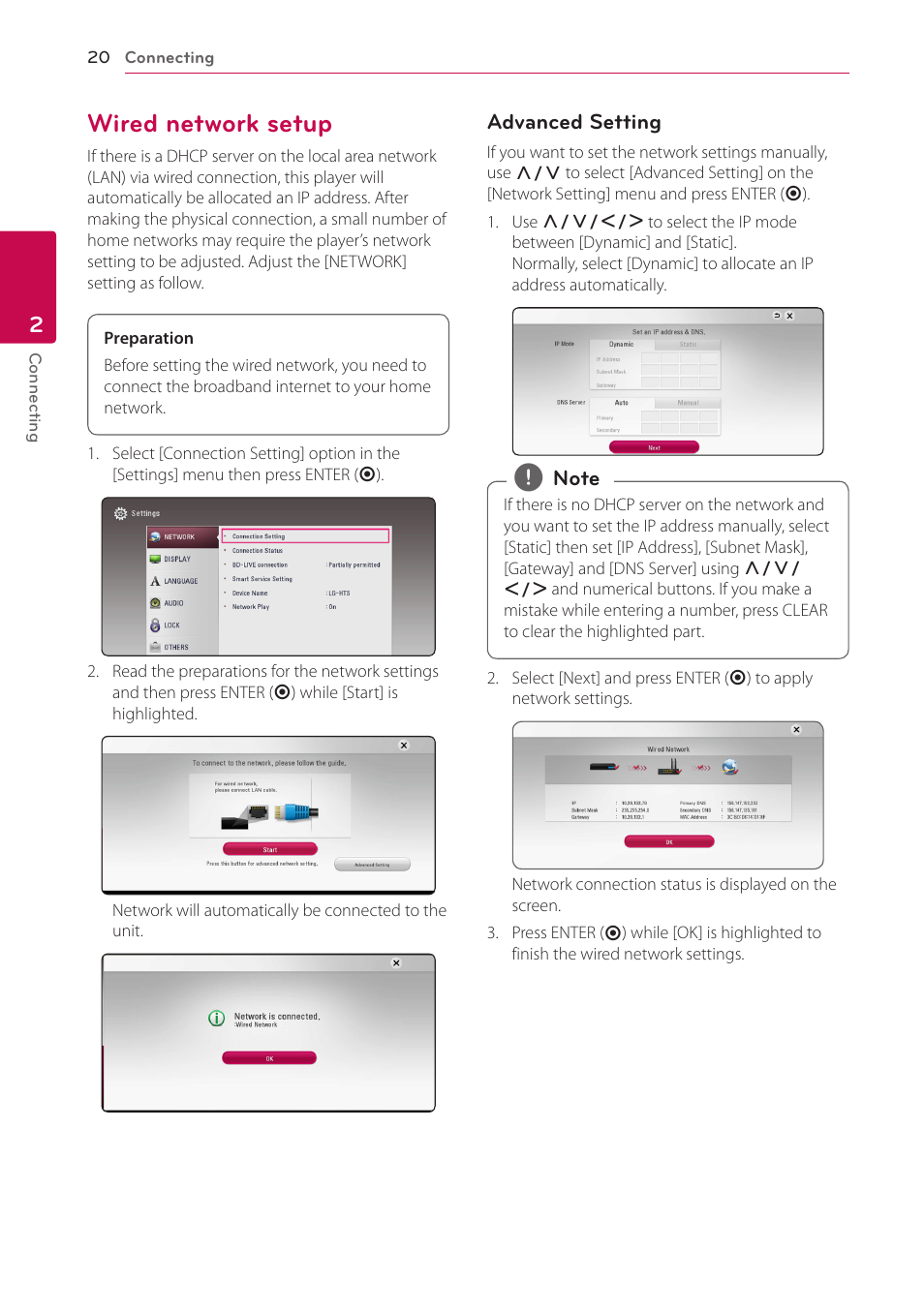 Wired network setup, 20 – wired network setup | LG BH5140S User Manual | Page 20 / 72