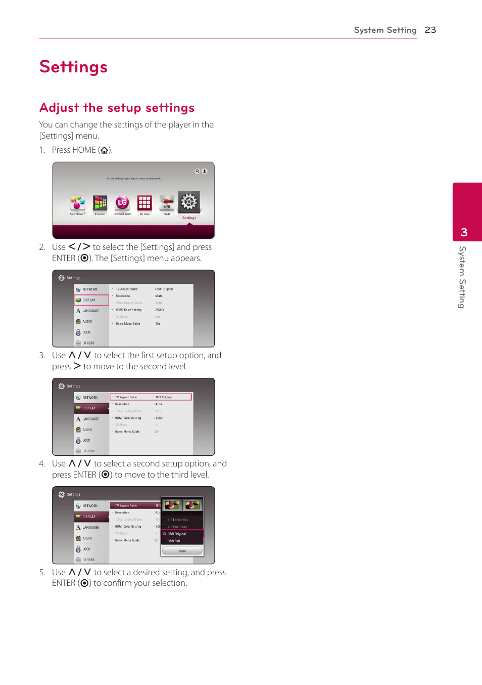 Settings, Adjust the setup settings, 23 settings 23 – adjust the setup settings | LG BH5140S User Manual | Page 23 / 72