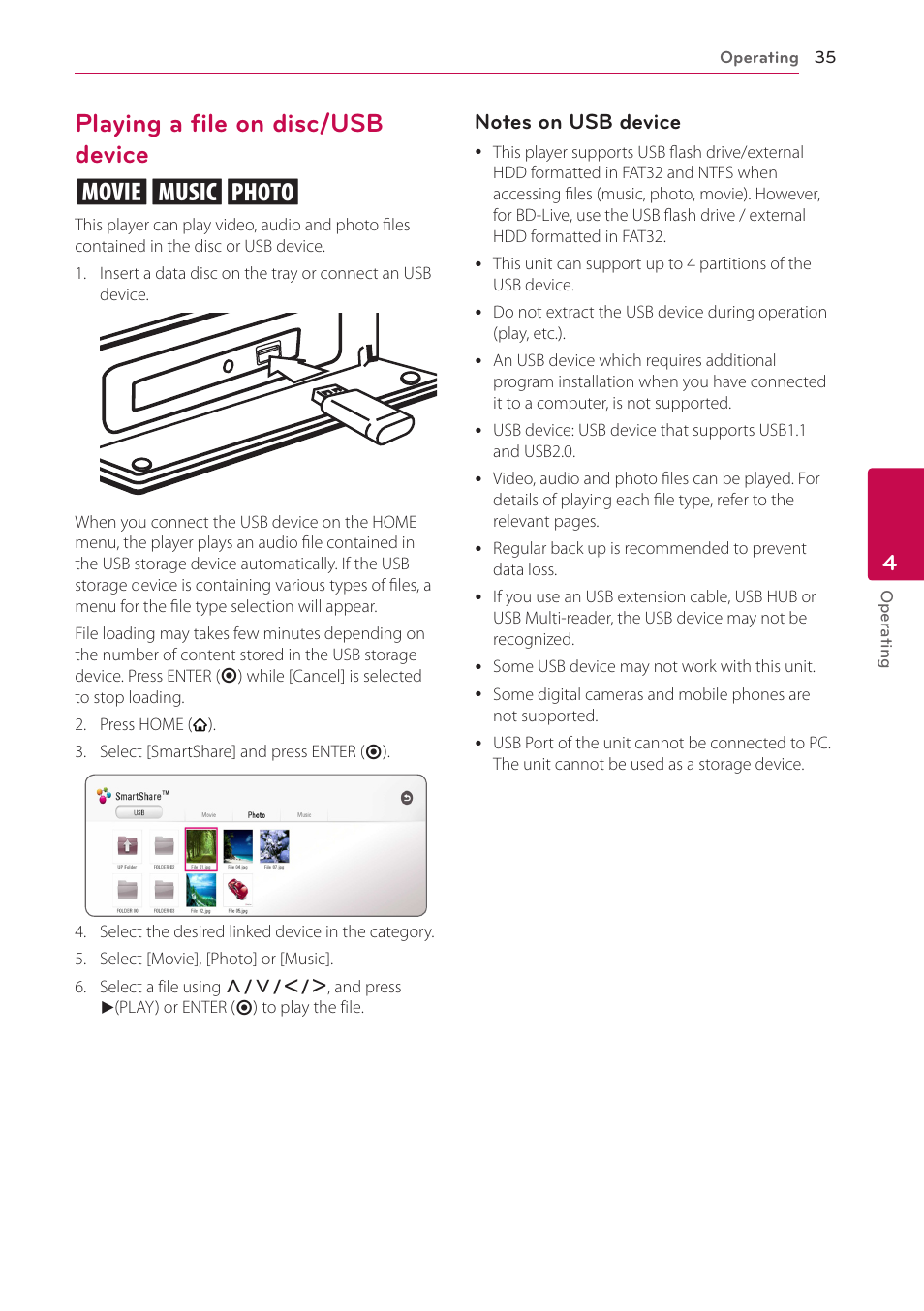 Playing a file on disc/usb device, 35 – playing a file on disc/usb device, Playing a file on disc/usb device yui | LG BH5140S User Manual | Page 35 / 72