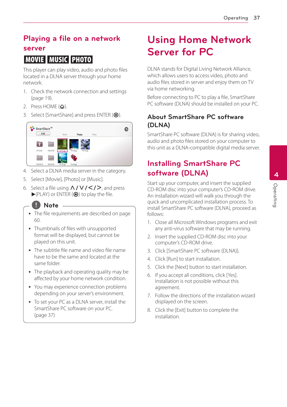 Playing a file on a network server, Using home network server for pc, Installing smartshare pc software (dlna) | Dlna), Playing a file on a network server yui | LG BH5140S User Manual | Page 37 / 72
