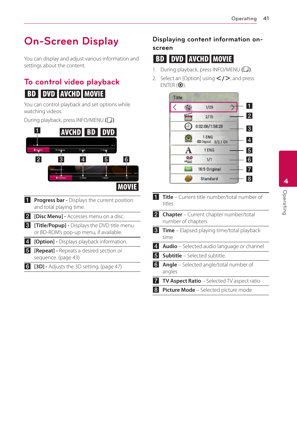 On-screen display, To control video playback, 41 – to control video playback | Eroy | LG BH5140S User Manual | Page 41 / 72