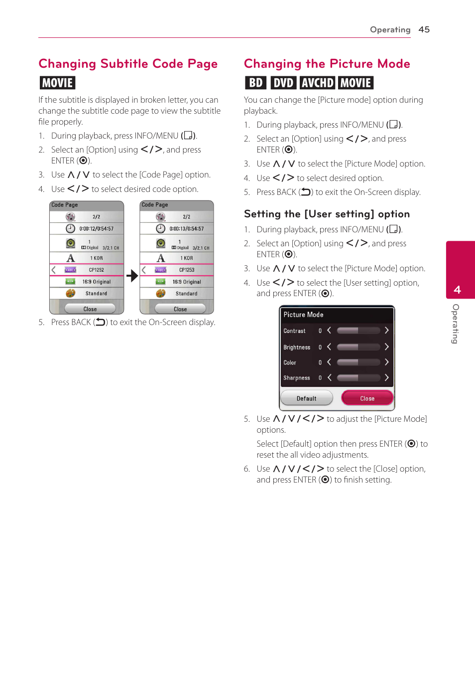 Changing the picture mode, Changing subtitle code page y, Changing the picture mode eroy | LG BH5140S User Manual | Page 45 / 72