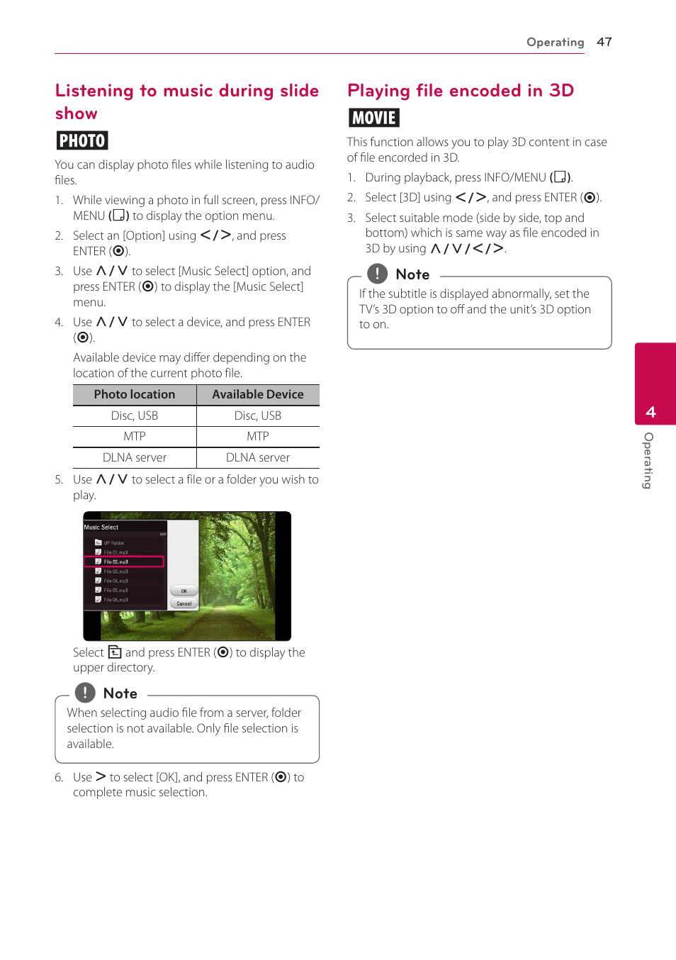 Listening to music during slide show, Playing file encoded in 3d, Listening to music during slide show i | Playing file encoded in 3d y | LG BH5140S User Manual | Page 47 / 72