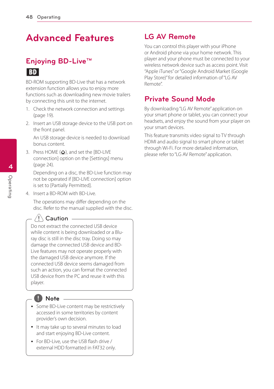 Advanced features, Enjoying bd-live, Lg av remote | Private sound mode, Enjoying bd-live™ e | LG BH5140S User Manual | Page 48 / 72