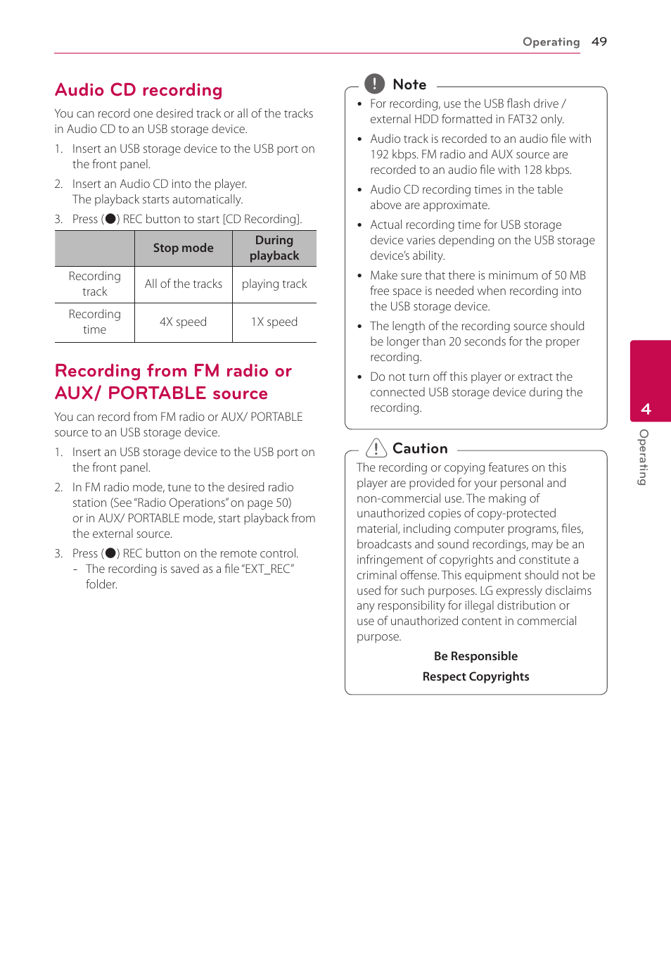 Audio cd recording, Recording from fm radio or aux/ portable source, Portable source | LG BH5140S User Manual | Page 49 / 72